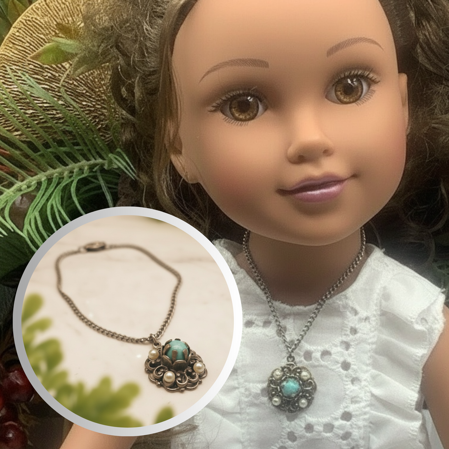 Light Blue Pearl Silver Pendant Doll Necklace • 18” Fashion Doll Jewelry