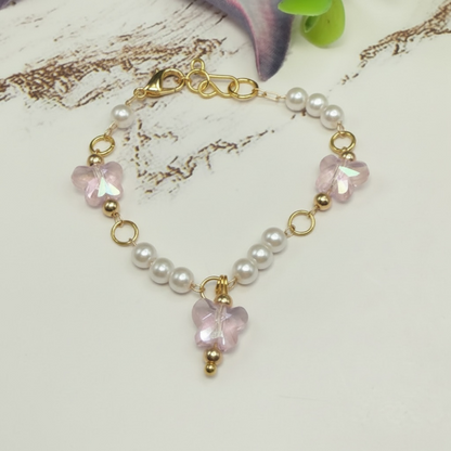 Light Pink Crystal Butterfly & Pearl Beaded Doll Necklace • 14 Inch Fashion Doll Jewelry