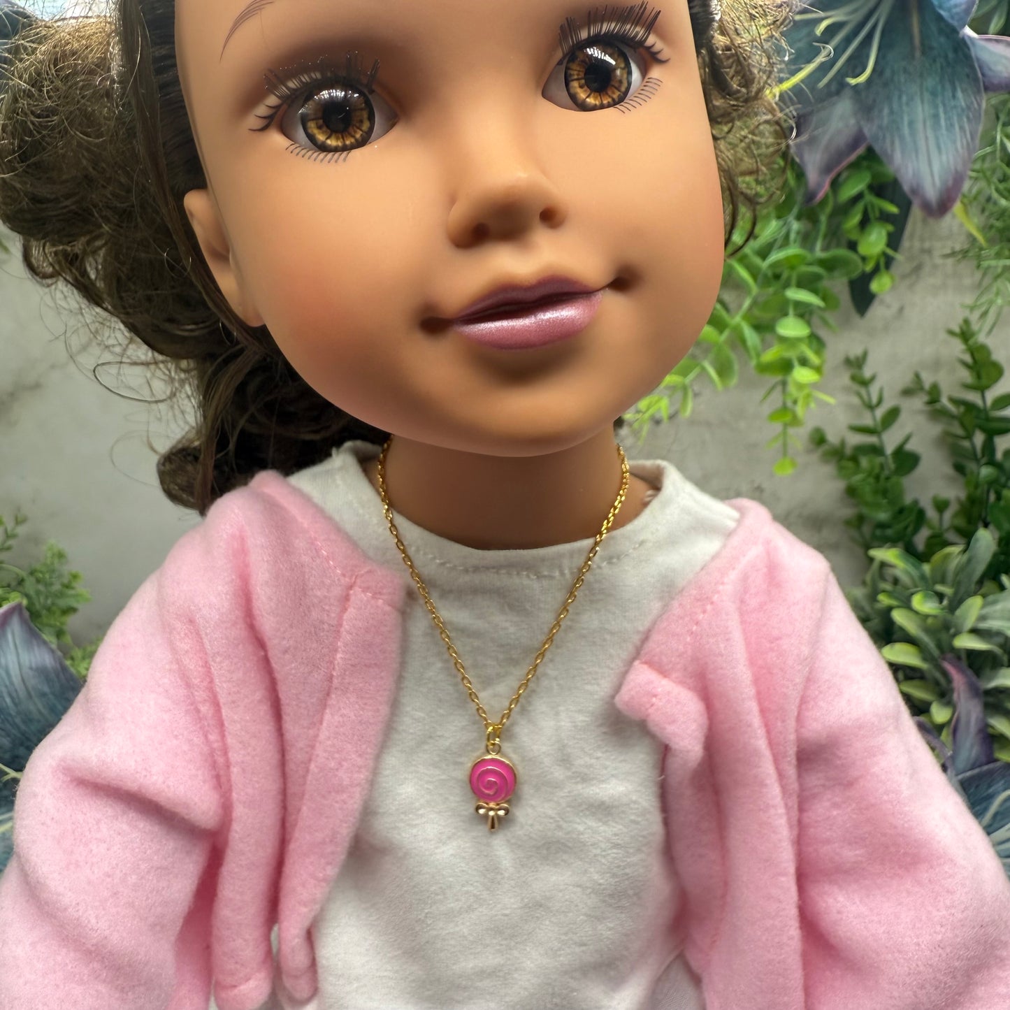 Pink Lollipop Charm Gold Chain Doll Necklace • 18 Inch Fashion Doll Jewelry
