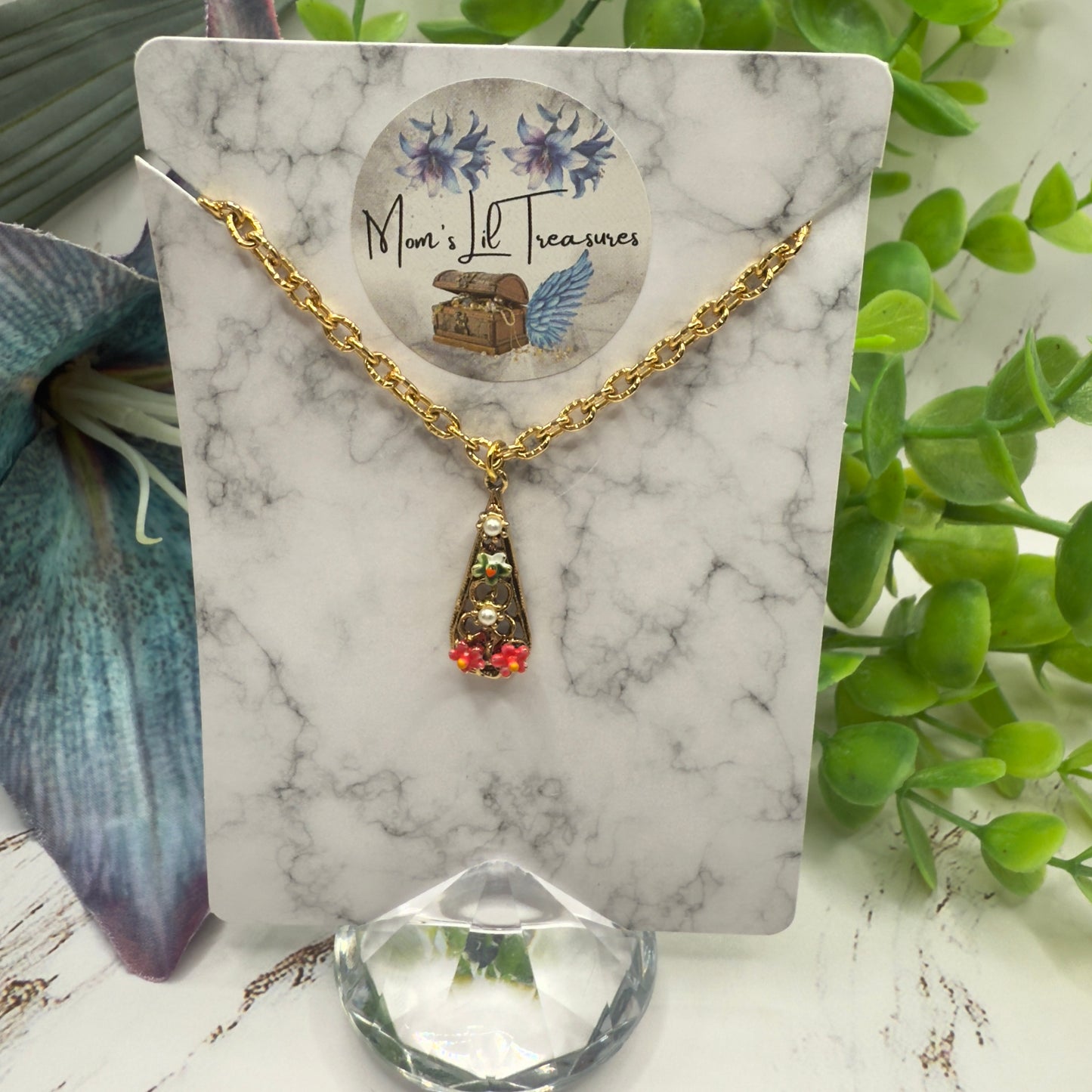 Teardrop Charm Floral Design Gold Chain Doll Necklace • 18 Inch Fashion Doll Jewelry