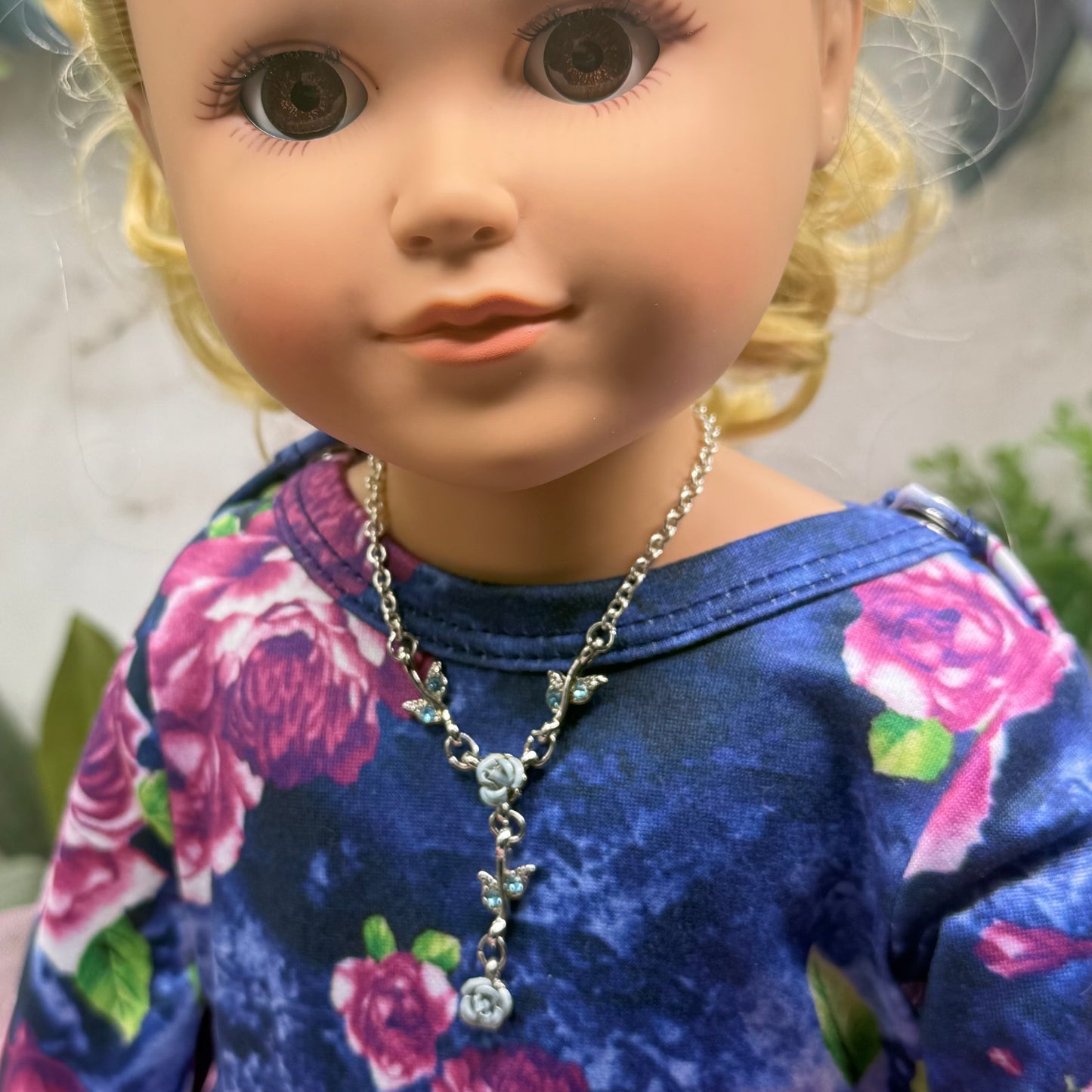 Light Blue & Silver 3D Rose Enamel & Rhinestone Accents Y-Design Doll Necklace • 18 Inch Fashion Doll Jewelry
