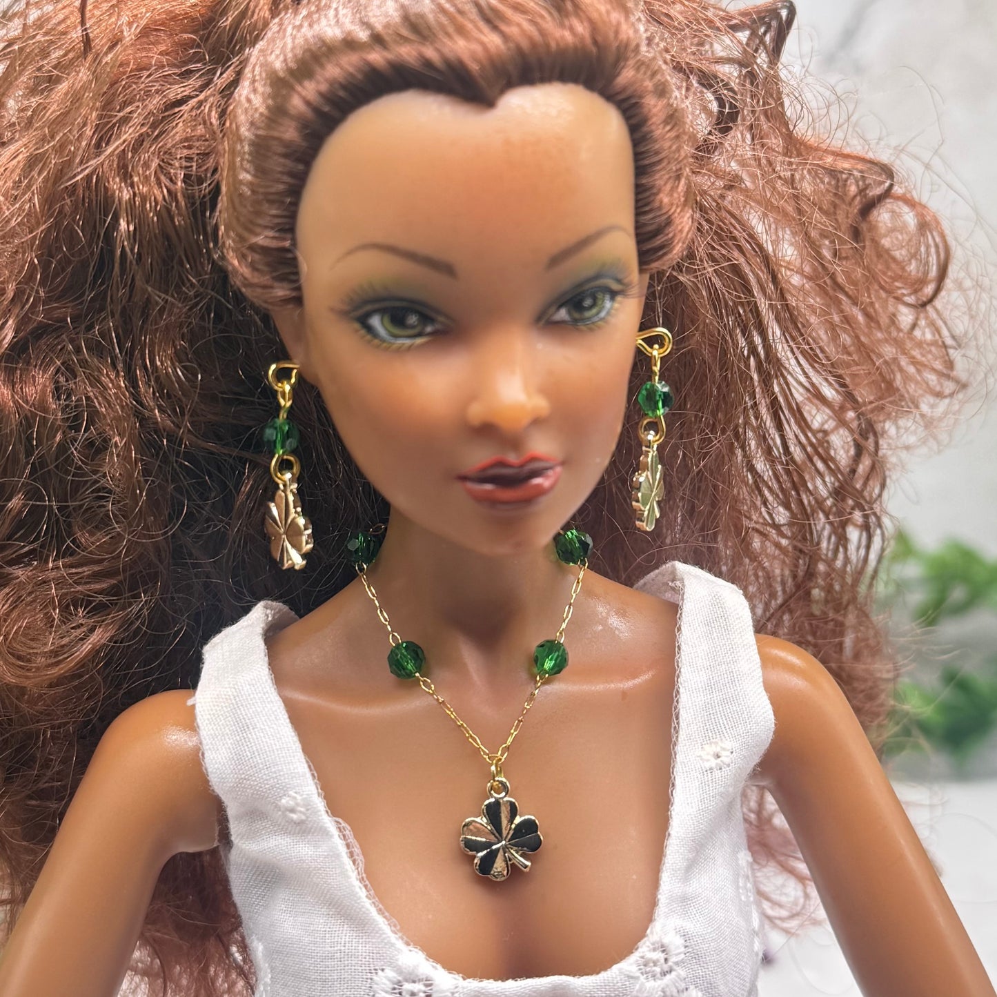 Green Bead Gold Four-Leaf Clover Doll Necklace & Earrings • 16 Inch Fashion Doll Jewelry