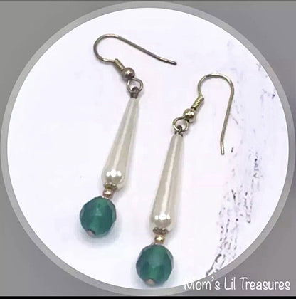 Elongated Teardrop Pearl & Green Glass Crystal Dangle Earrings • Handmade