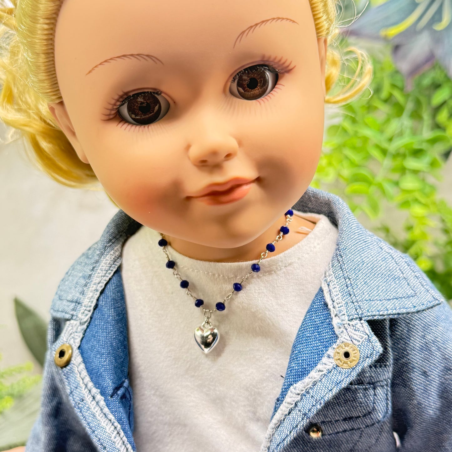 Blue Crystal Beaded Silver Heart Charm Doll Necklace • 18 Inch Fashion Doll Jewelry