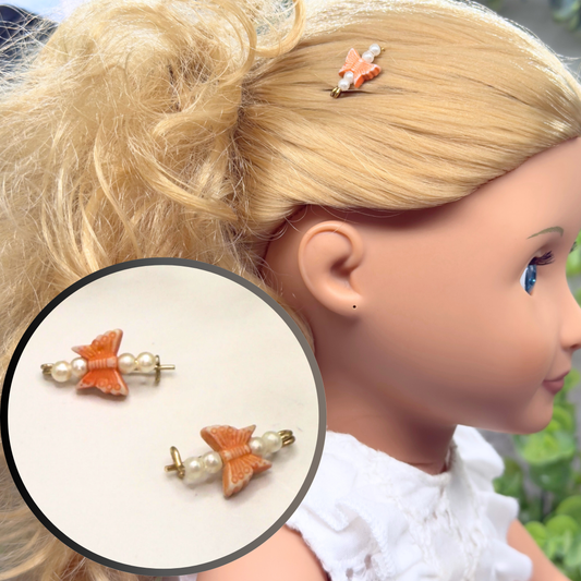 Orange & Pearl Beaded Butterfly Doll Hair Barrettes 14-18” Fashion Dolls • Doll Hair Accessories