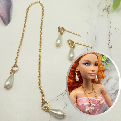 Teardrop Pearl Gold Chain Wrap Doll Necklace / Belt & Earrings
• 10-12 Inch Fashion Doll Jewelry 1:6