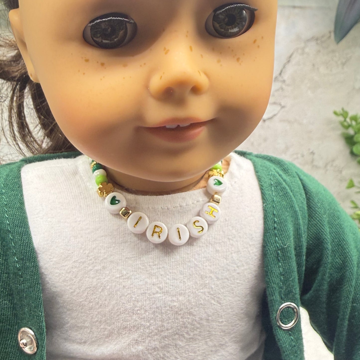 “IRISH” Green White Shamrock Beaded Doll Necklace • 18 Inch Fashion Doll Jewelry