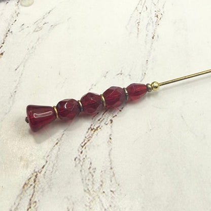 Ruby Red Faceted Glass Crystal Stacked Bead Hatpin Gold Tone Accents • 6 Inch