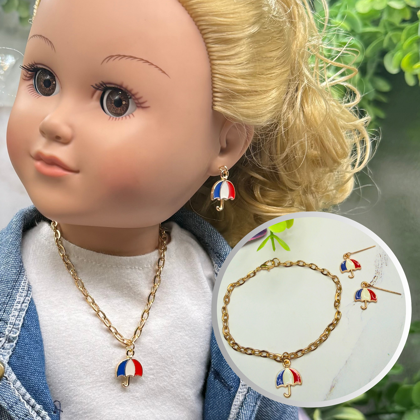 Red White Blue Patriotic Umbrella Charm Doll Necklace & Earrings for 18 Inch Fashion Doll