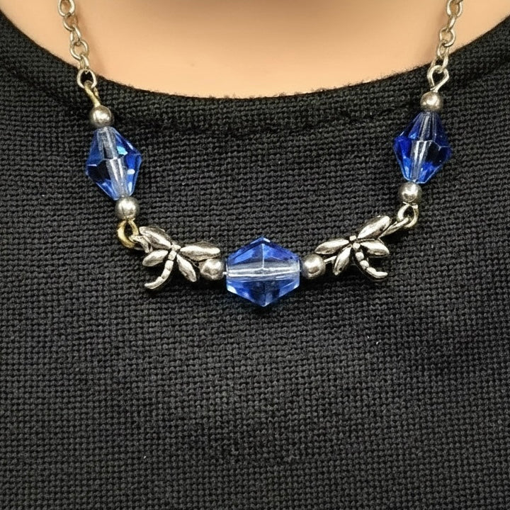 Silver Dragonfly Charms Blue Glass Crystal Doll Necklace • 18 inch Fashion Doll Jewelry