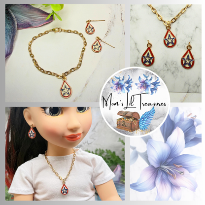 Red White Blue Teardrop Patriotic Star Gold Doll Necklace & Earrings for 18 Inch Fashion Doll