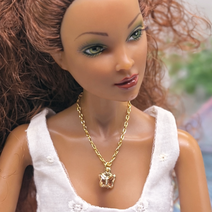 Peach Pink Acrylic Crystal Butterfly Gold Chain Doll Necklace for 16 Inch Fashion Dolls