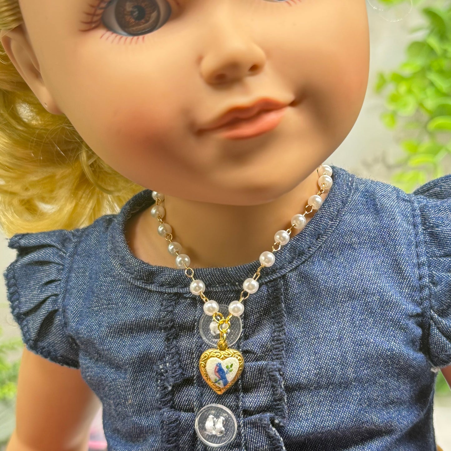 Blue Bird Design Gold Heart Charm Pearl Beaded Doll Necklace • 18 Inch Fashion Doll Jewelry