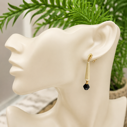 Elongated Teardrop Pearl & Black Glass Crystal Drop Dangle Earrings - Handmade