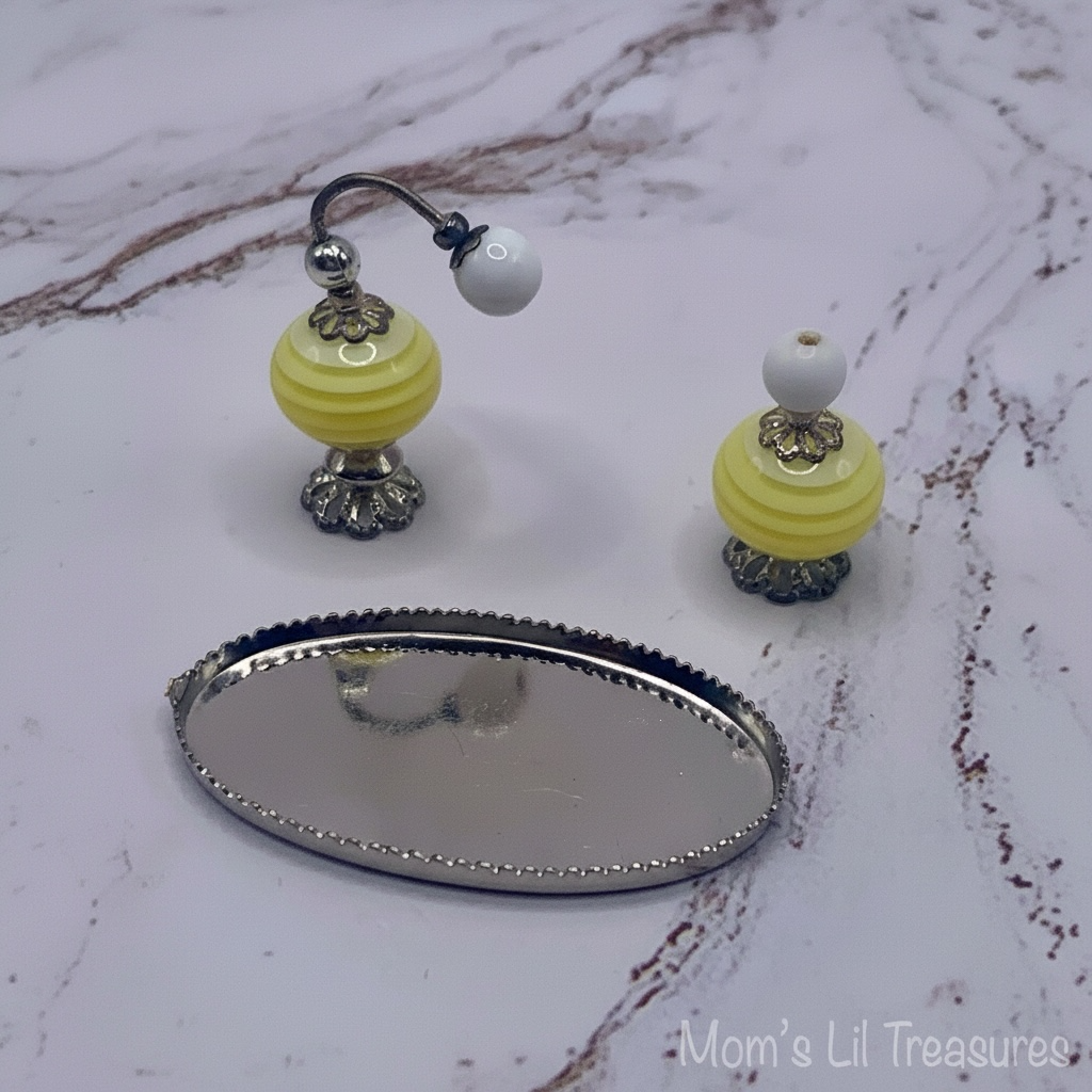 Yellow Swirl Perfume Bottle Set and Silver Vanity Tray • Dollhouse Miniature