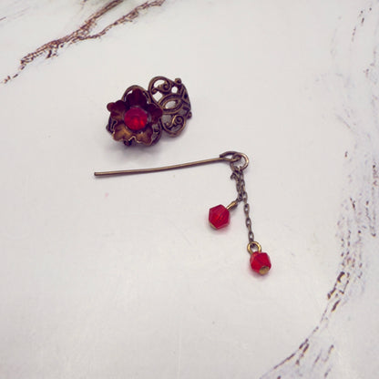 Red Rhinestone Crystal Dangles Bronze Brass Tone Metal Filigree Flower Design Doll Hair Stick • 14-18” Fashion Dolls • Doll Hair Accessories da