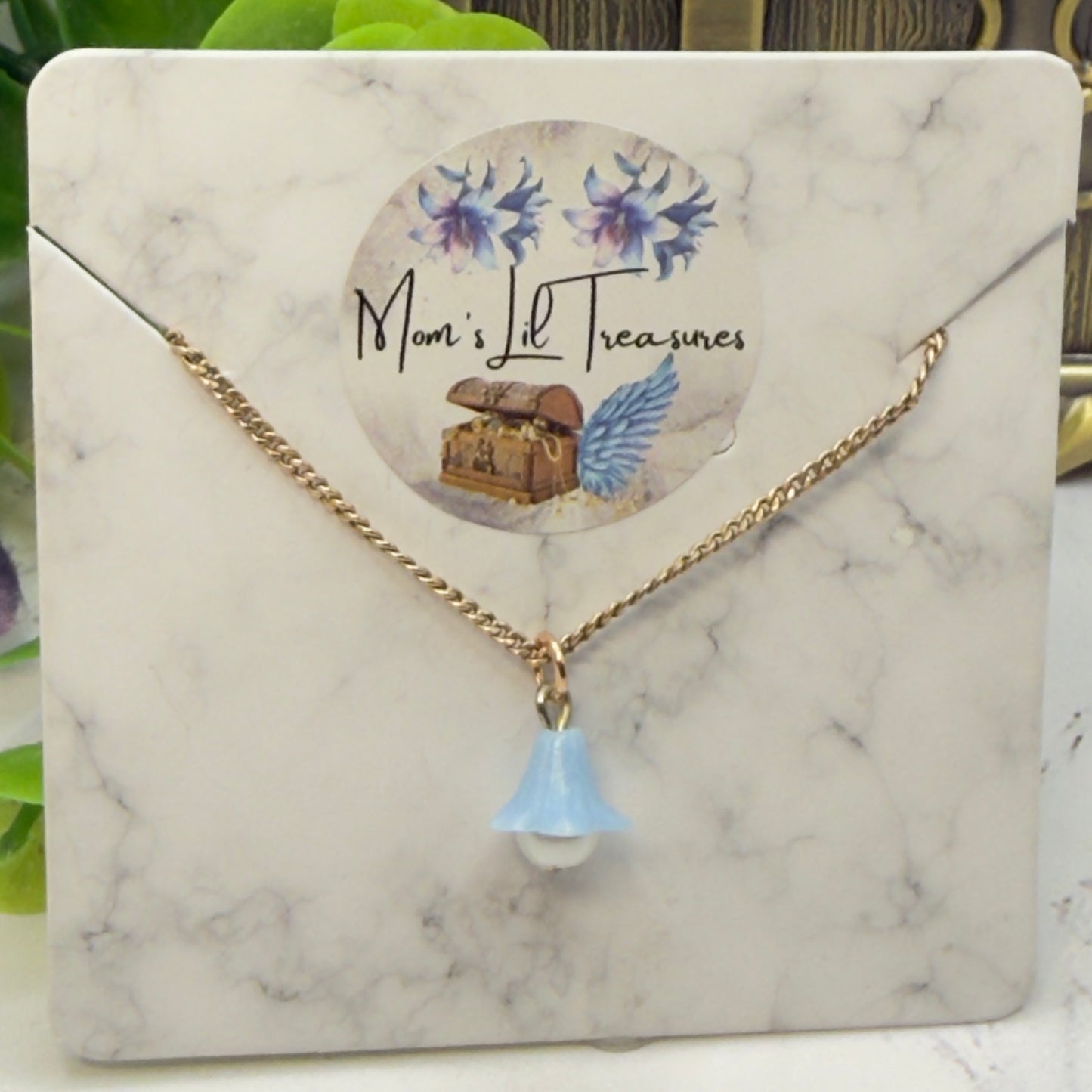Blue Bell Flower Pearl Center Charm Gold Chain Doll Necklace • 14 Inch Fashion Doll Jewelry