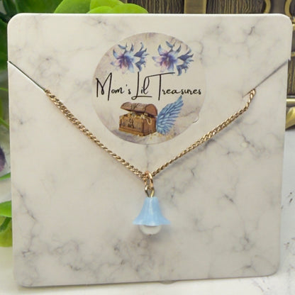 Blue Bell Flower Pearl Center Charm Gold Chain Doll Necklace • 14 Inch Fashion Doll Jewelry