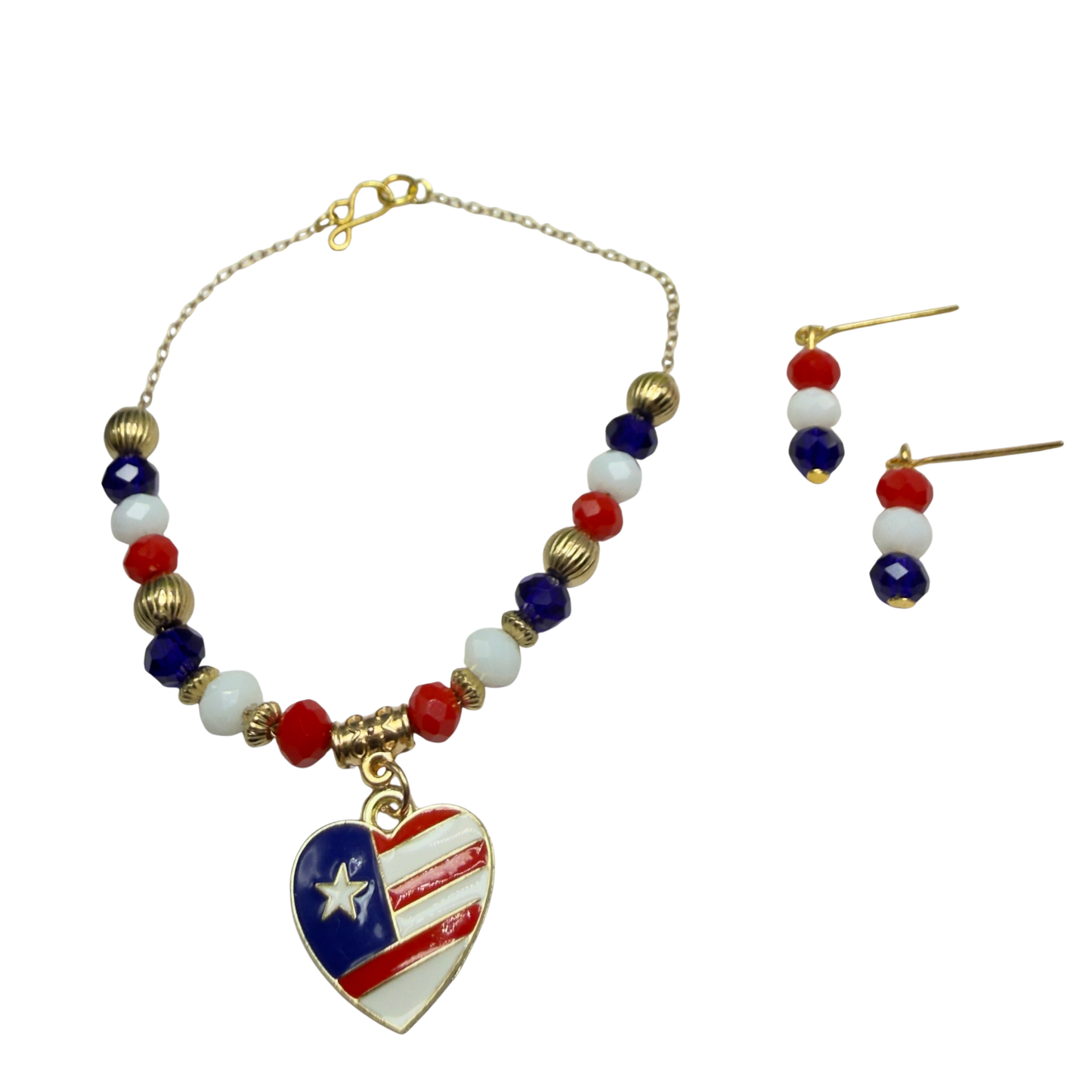 Red White Blue Beaded Heart Charm American Flag Doll Necklace & Earrings for 18 Inch Fashion Doll