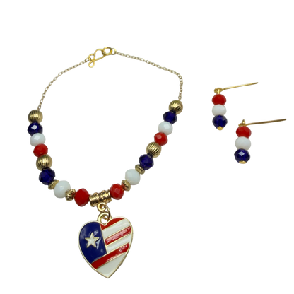 Red White Blue Beaded Heart Charm American Flag Doll Necklace & Earrings for 18 Inch Fashion Doll