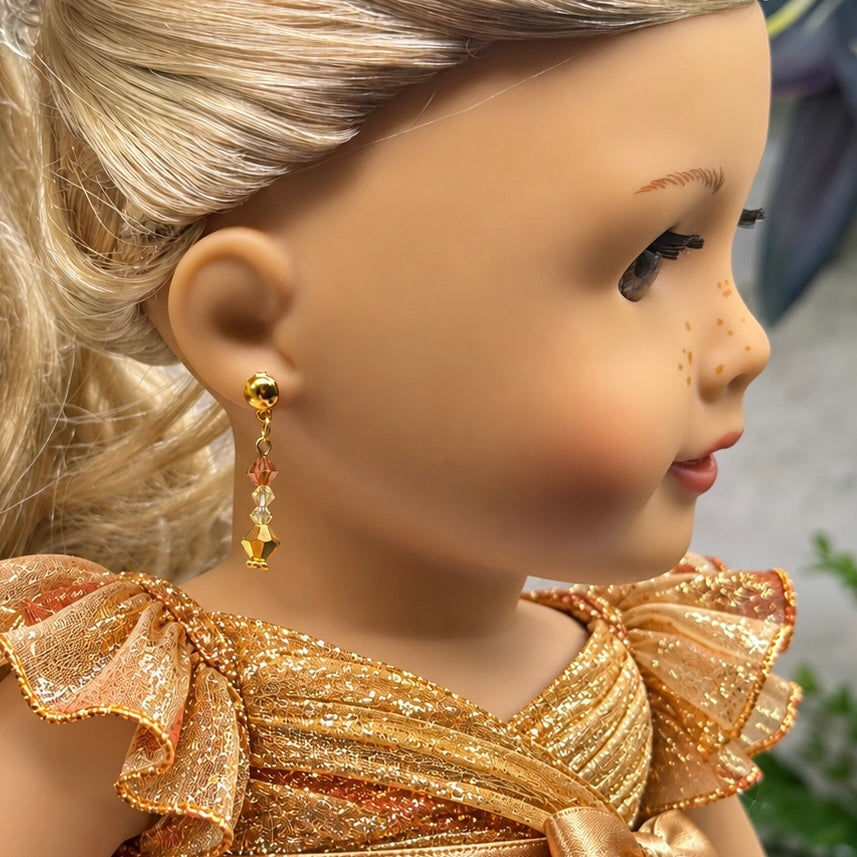 Amber Golden Clear Crystal Dangle 2mm Post Doll Earrings • fits 18 Inch Fashion Doll • American Girl