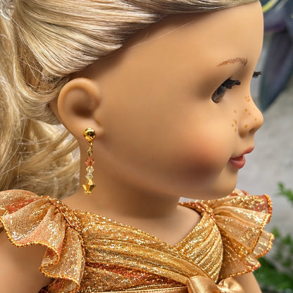 Amber Golden Clear Crystal Dangle 2mm Post Doll Earrings • fits 18 Inch Fashion Doll • American Girl