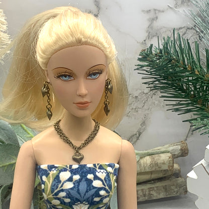 Bronze Heart Charm Chain Dangle Doll Necklace Earring Set • 16” Doll Jewelry