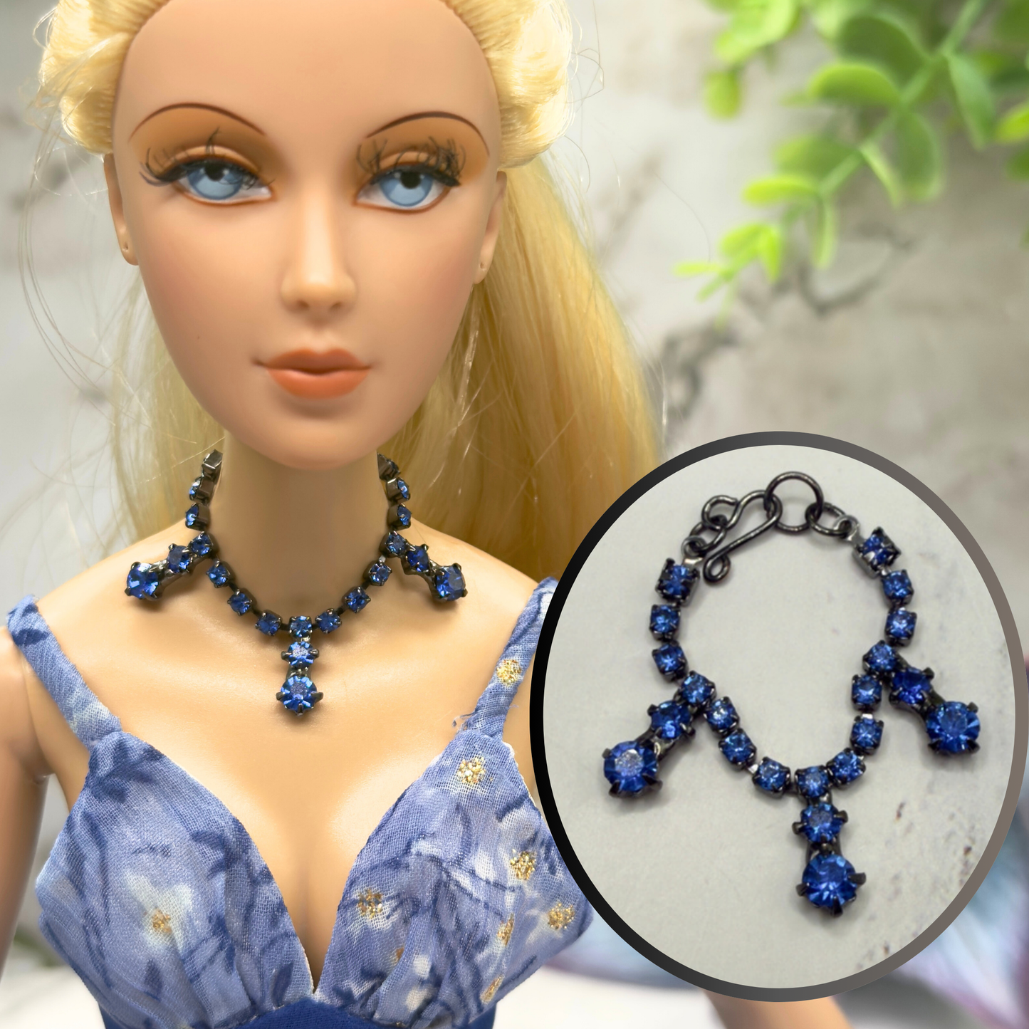 Blue Rhinestone Drop Black Metal Doll Necklace • 16 Inch Fashion Doll Jewelry