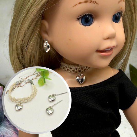 Beige Lace Choker Silver Heart Charm Doll Necklace & Earrings Set • 14 Inch Fashion Doll Jewelry