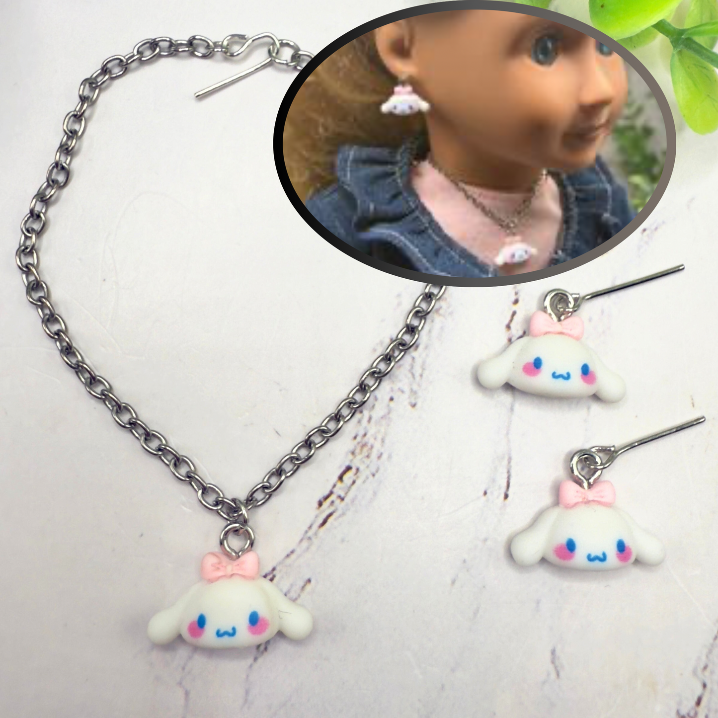 Cinnamoroll Sanrio White Puppy Charm Doll Necklace & Earrings • 18 Inch Fashion Doll Jewelry