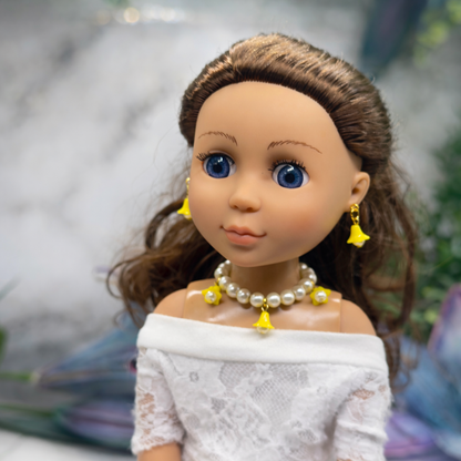 Light Yellow Bell Flower Dangle Pearl Beaded Doll Necklace & Earring • 14 Inch Fashion Doll Jewelry