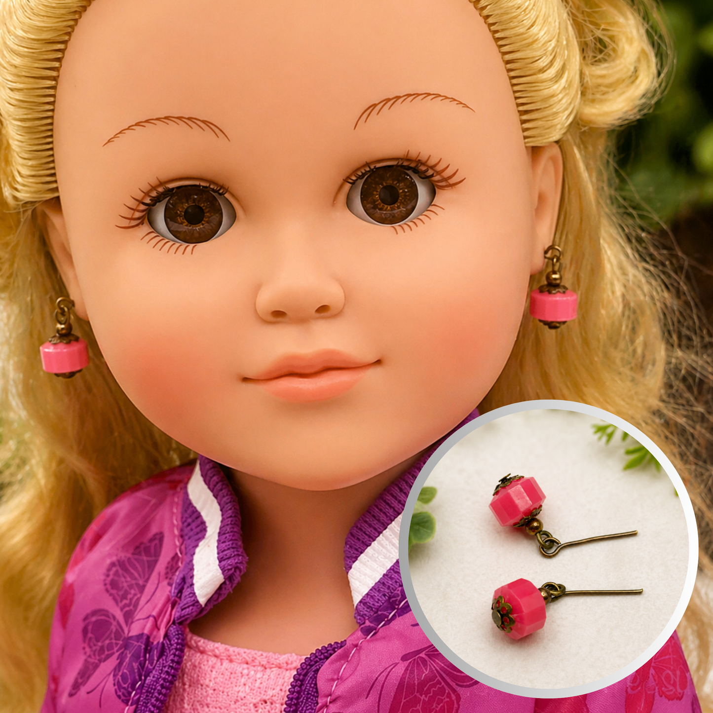 Bright Pink Brass Copper Dangle Doll Earrings • 18 Inch Fashion Doll Jewelry