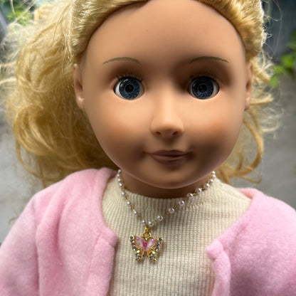 Purple White Butterfly Gold Charm Pearl Beaded Doll Necklace • 18 Inch Fashion Doll Jewelry