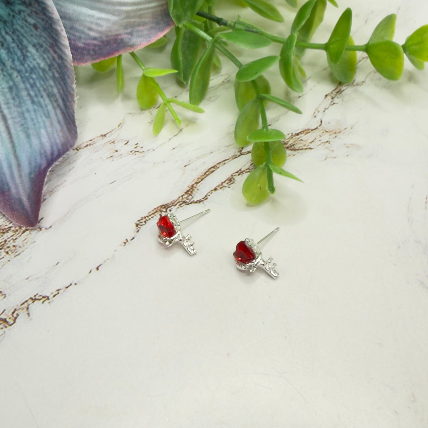Red Rhinestone Heart Silver Key Design Post Doll Earrings • 18 Inch Fashion Doll Jewelry