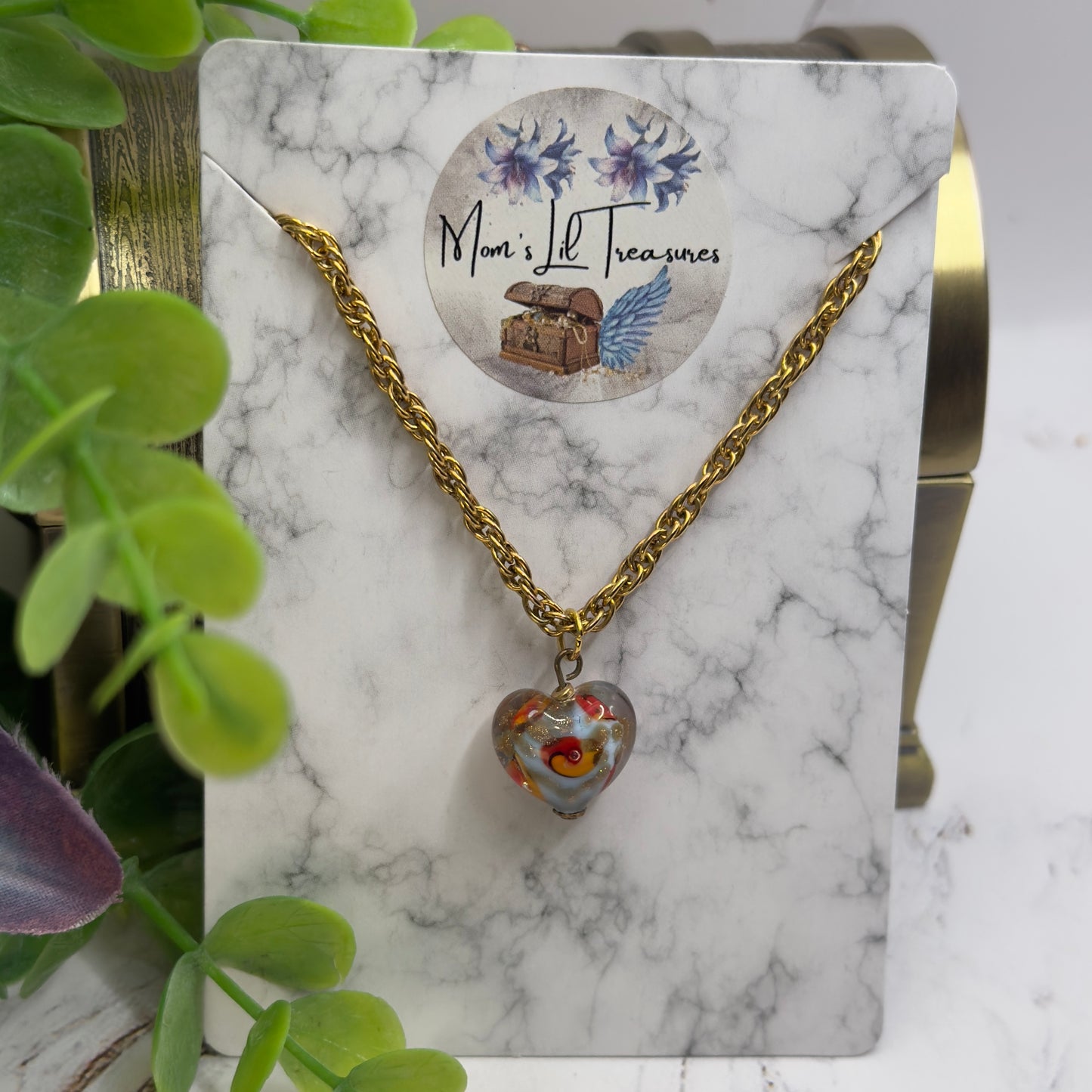 Orange Blue White Swirl Glass Heart Pendant Gold Chain Doll Necklace • 18 Inch Fashion Doll Jewelry