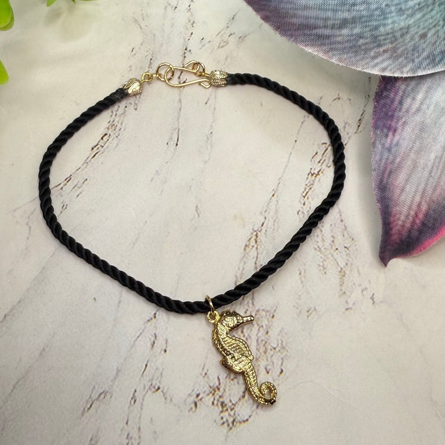 Gold Seahorse Pendant Black Fabric Cord Doll Necklace • 18 Inch Fashion Doll Jewelry