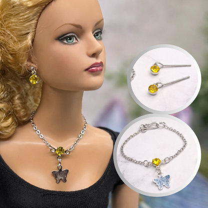 Yellow Rhinestone Silver Butterfly Charm Doll Necklace & Earrings for 16 Inch Fashion Dolls