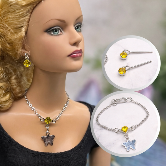 Yellow Rhinestone Silver Butterfly Charm Doll Necklace & Earrings for 16 Inch Fashion Dolls