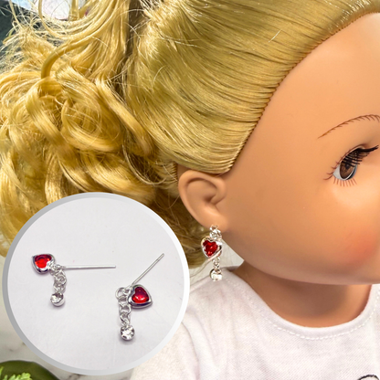 Red Heart & Clear Rhinestone Dangle Doll Earrings • 18 Inch Fashion Doll Jewelry