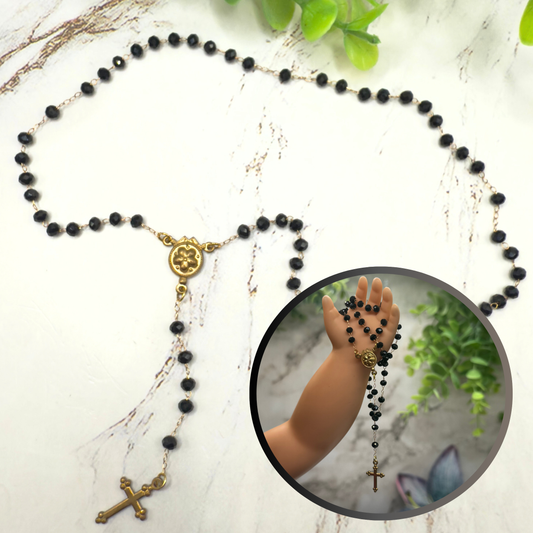 Black Glass Crystal Beaded Gold Cross  • Doll Size Catholic Rosary
