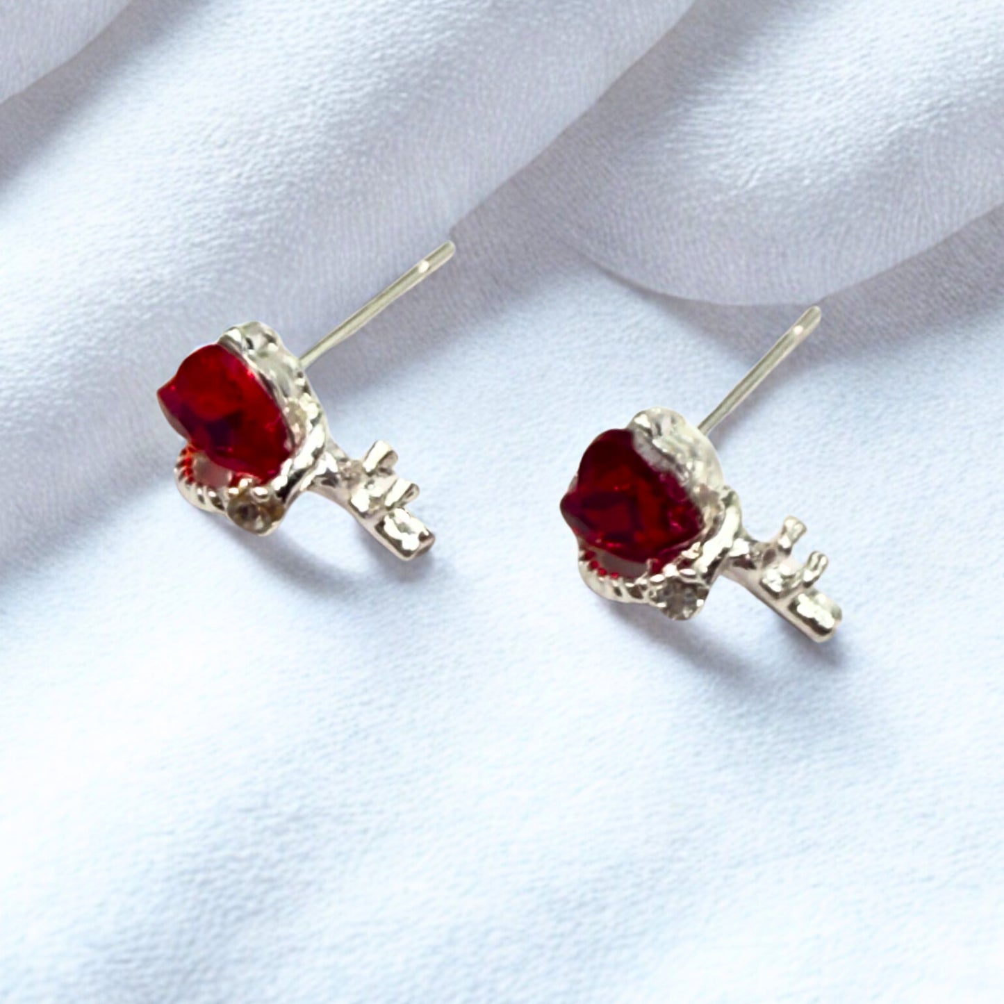 Red Rhinestone Heart Silver Key Design Post Doll Earrings • 18 Inch Fashion Doll Jewelry