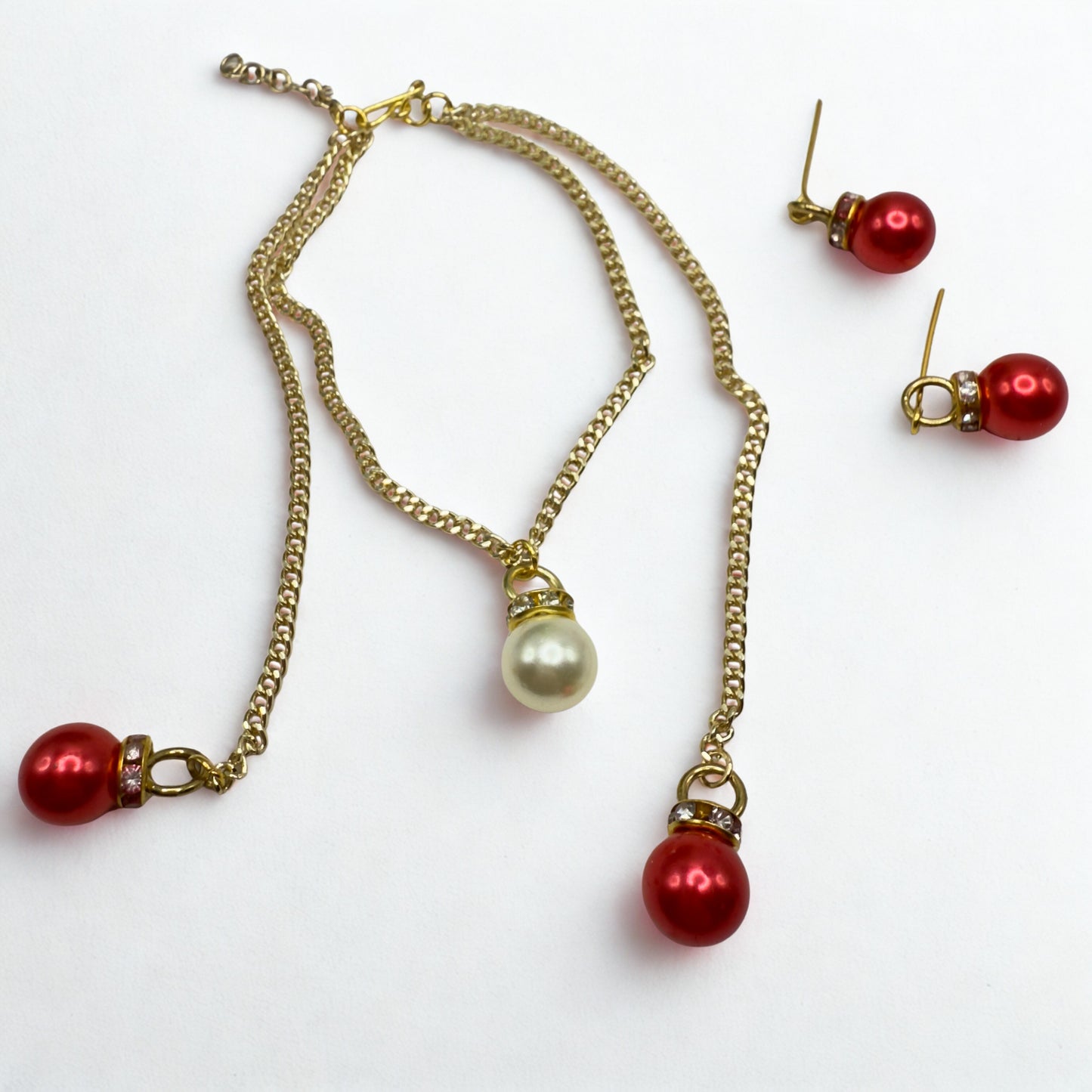 Red Pearl Christmas Ornament Layer Doll Necklace & Earrings • 18 Inch Fashion Doll Jewelry