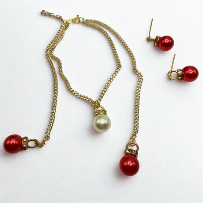 Red Pearl Christmas Ornament Layer Doll Necklace & Earrings • 18 Inch Fashion Doll Jewelry