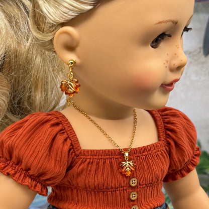 Autumn Fall Leaf Dangle 2mm Post Doll Earrings & Necklace | fits 18 Inch Dolls • American Girl