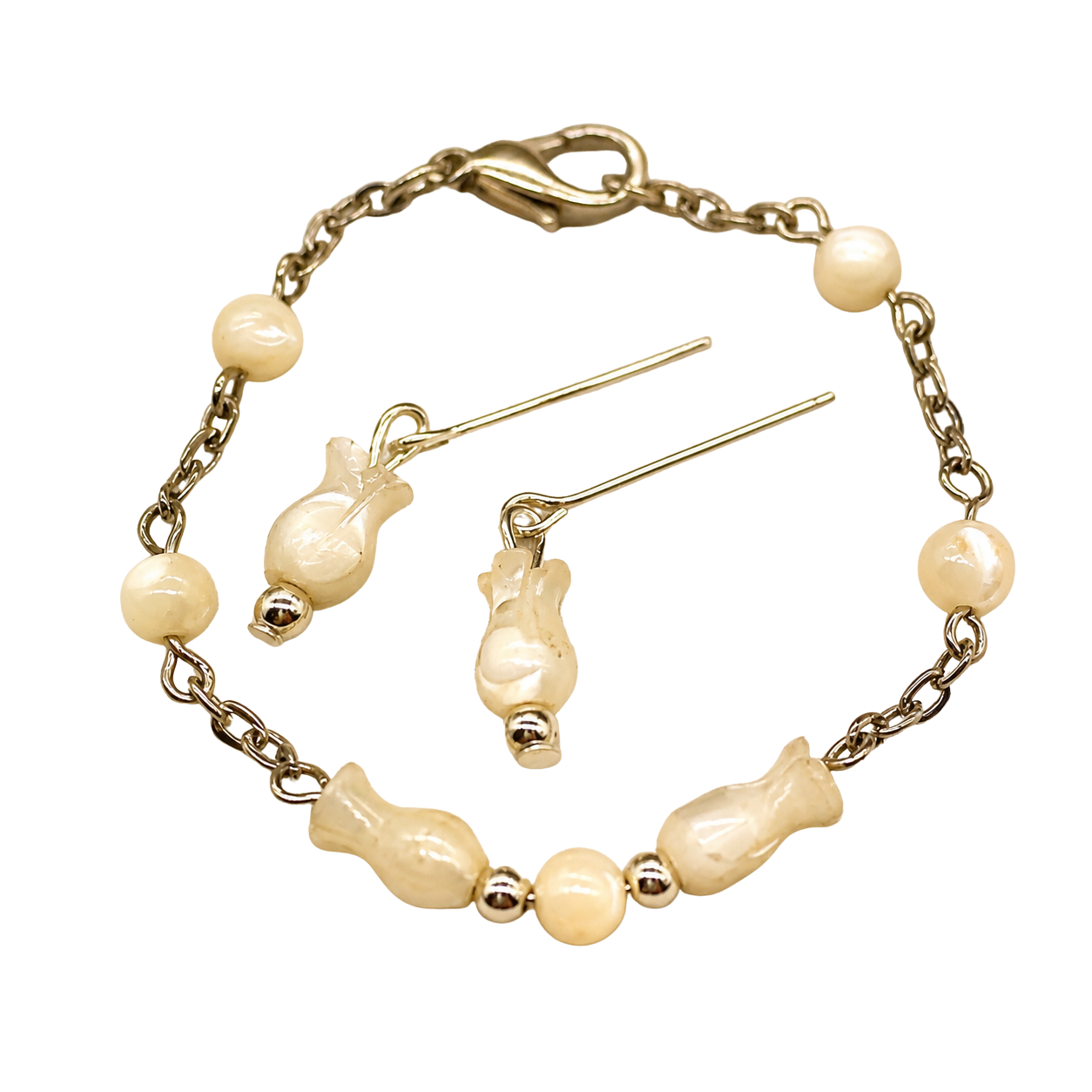 Cream Pearly Tulip Shape Beaded Doll Necklace Earring Set • 18 Inch Doll Jewelry