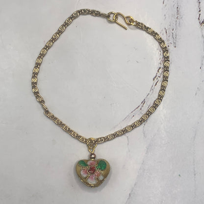 Cloisonné Heart Flower Design Charm Gold Chain Doll Necklace • 18” Doll Jewelry