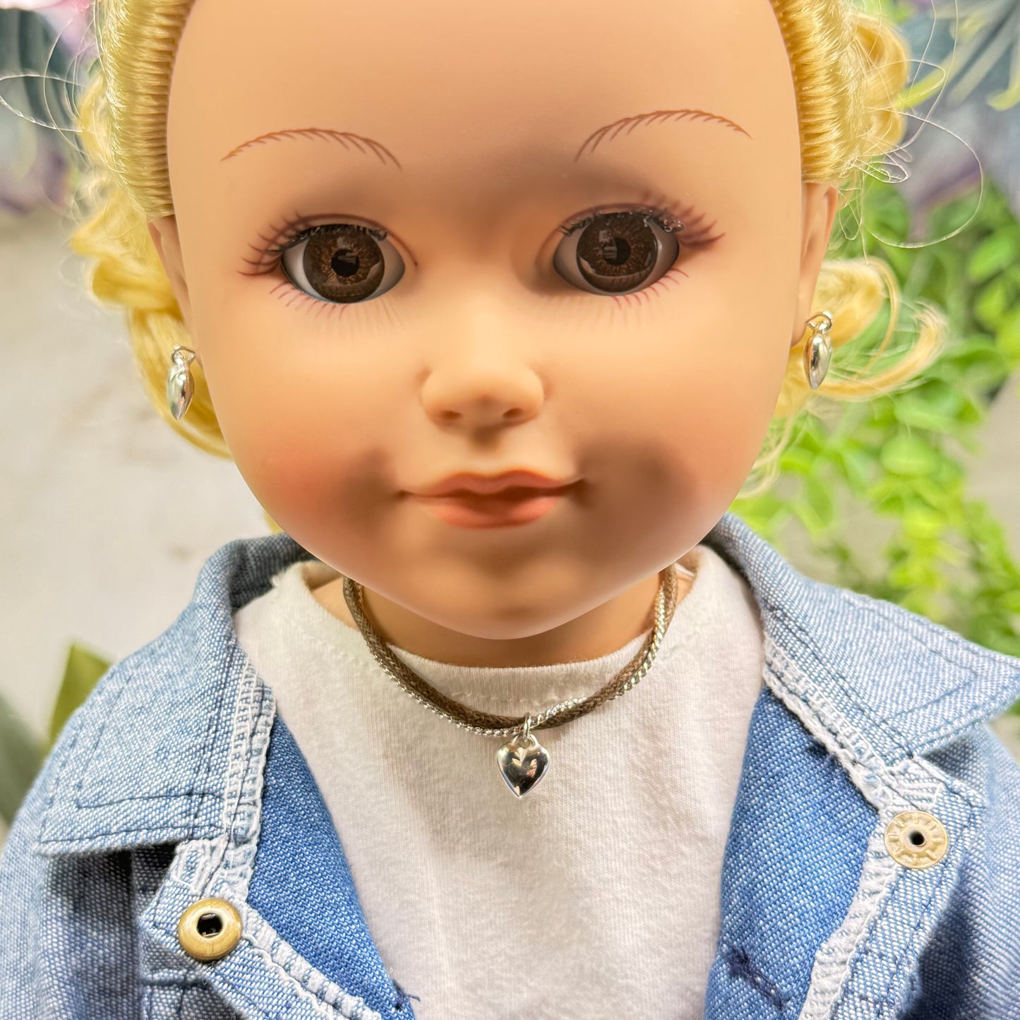 Dual Strand Brown Cord Silver Chain Heart Charm Doll Necklace & Earrings Set • 18 Inch Fashion Doll Jewelry