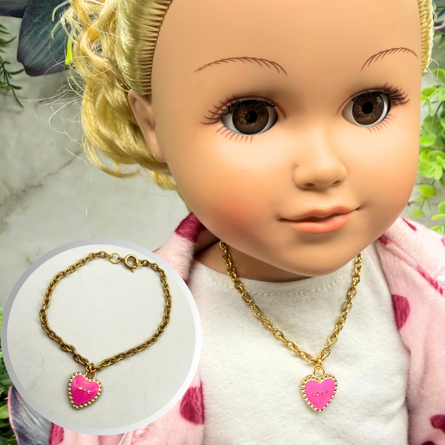 Pink LOVE Heart Charm Gold Chain Doll Necklace • 18 Inch Fashion Doll Jewelry