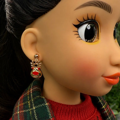 Copper Rose Gold Tone Rudolph Red Nose Reindeer Christmas Dangle Doll Earrings • 18 Inch Fashion Doll Jewelry