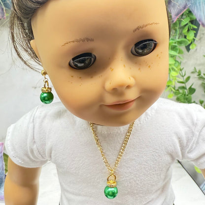 Green Christmas Ball Ornament Charm Doll Necklace & Dangle Doll Earrings • 2mm Post for 18 Inch Fashion Doll